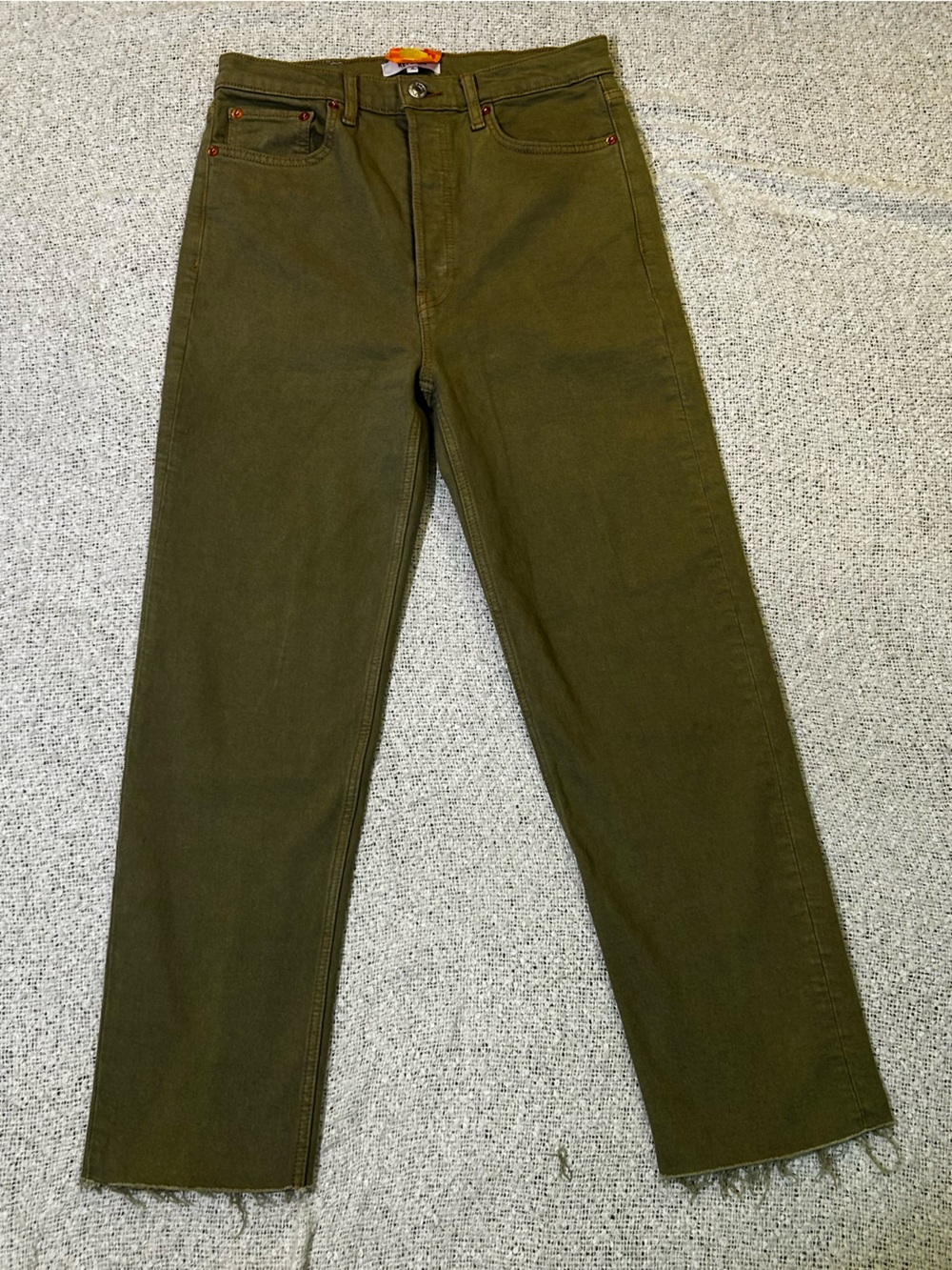 RE/DONE High Rise Ankle Cut Jeans Olive Green Button Fly Raw Hem Jeans Size 28